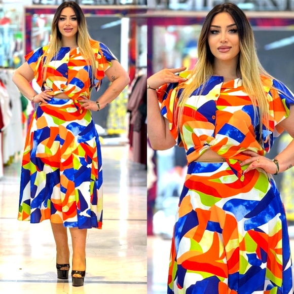 NWT - GORGEOUS ORANGE MULTICOLOR 2 PC. SKIRT SET - Picture 1 of 2